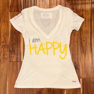 Peace Love World White and Yellow V-Neck Tee